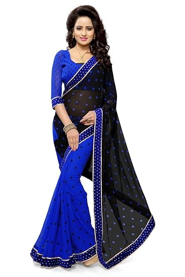 Womens Faux Georgette Half Half Style Polka Print Saree (2237_Black,Blue)