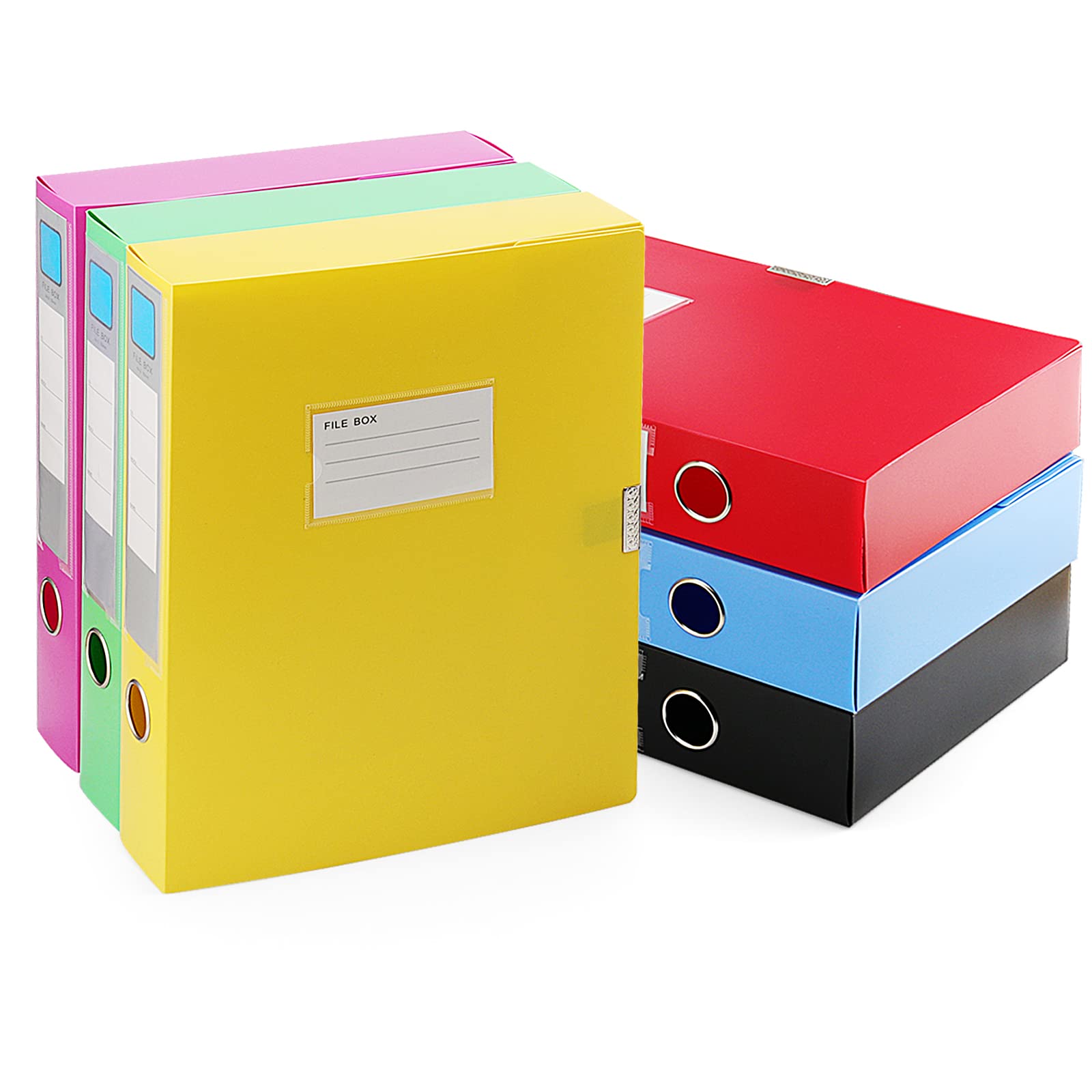 HAKZEON 6 Pack Assorted Colour A4 Box Files, 55mm Spine A4 File Folders with Fabric Hook and Loop Closure, Plastic File Holder Box for Office Home