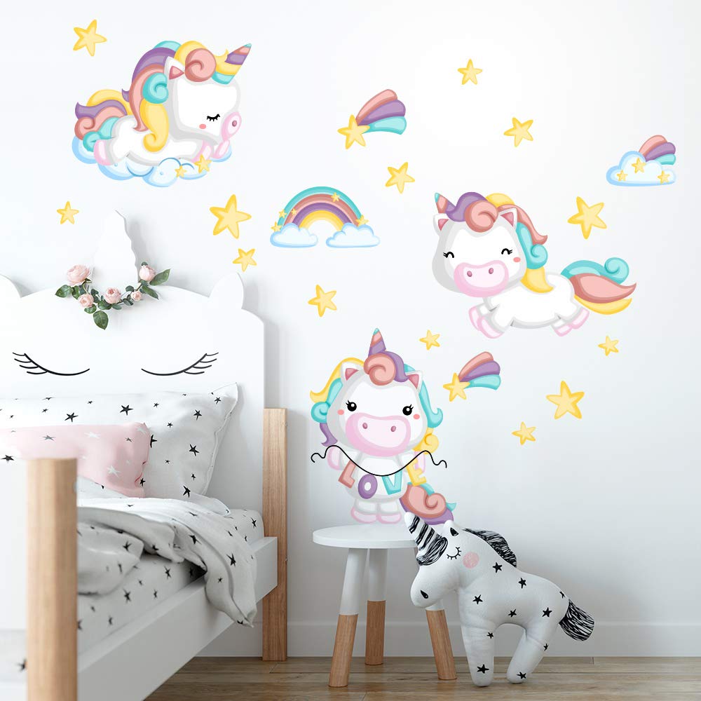 kina - UVB00550 Wall Stickers for Children's Bedroom Printed on Transparent PVC Decoration Unicorns Nursery Wall - Measure Three Sheets 42x30 cm