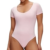 NANJI Short Sleeve Bodysuit for Women - Slim Fit Scoop Neck Body Suit, Stretch Double Lined Tops, Casual Going Out Outfits