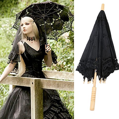 Vintage Lace Parasol Umbrella for Bridal Wedding Party Decoration Photo Props Costume Accessory (Black)