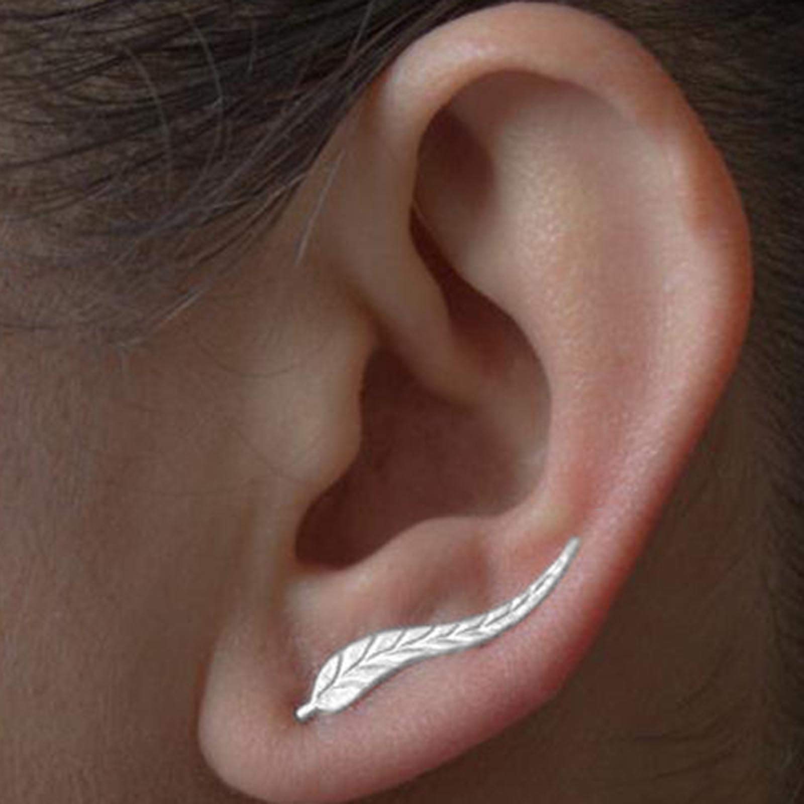 TseenYi Leaf Ear Climber Earrings Tiny Silver Studs Earrings Charm Crawler Earrings Ear Cuffs Ear Jewelry for Women and Girls (Silver)
