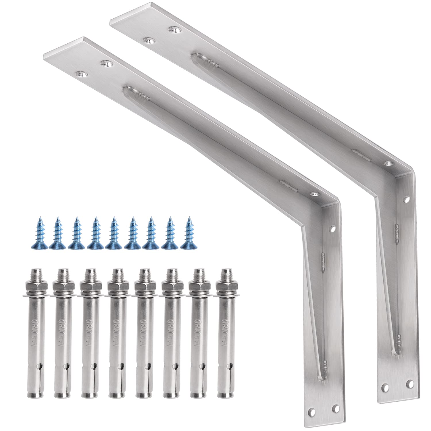 YUMORE Shelf Bracket Heavy Duty 16x10x2 in, 1/5IN Extra Thick Solid L Brackets Stainless Steel Countertop Bar Top Support Brackets Wall Mounted, Includes Hardware, 2 Pack — image 1