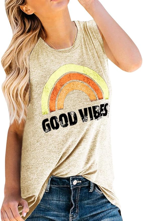 Pxmoda Womens Casual Sleeveless Good Vibes T Shirts Crew Neck Rainbow
