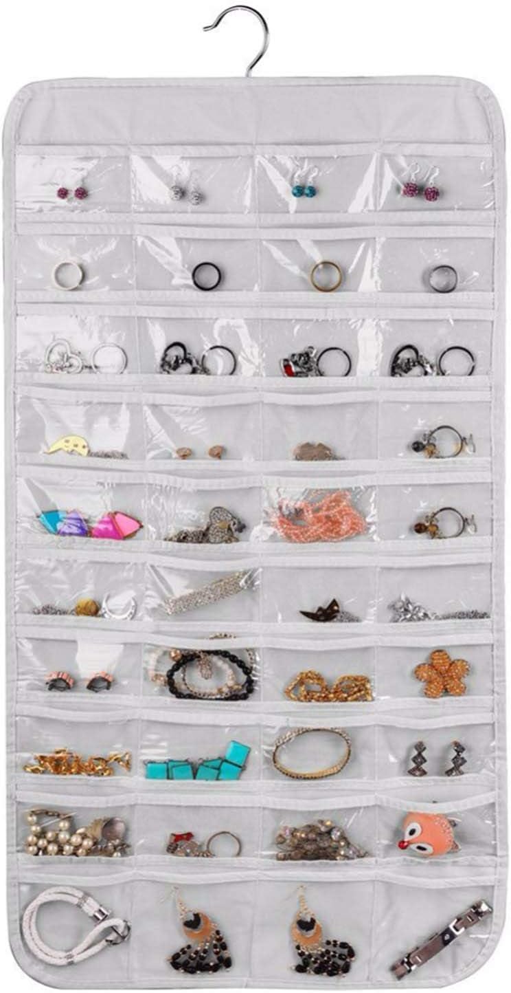 IZUS Hanging Jewelry-Organizer Travel Roll - 80 Pocket Jewelry Organizer Holder with Hanger, Double Side (White)