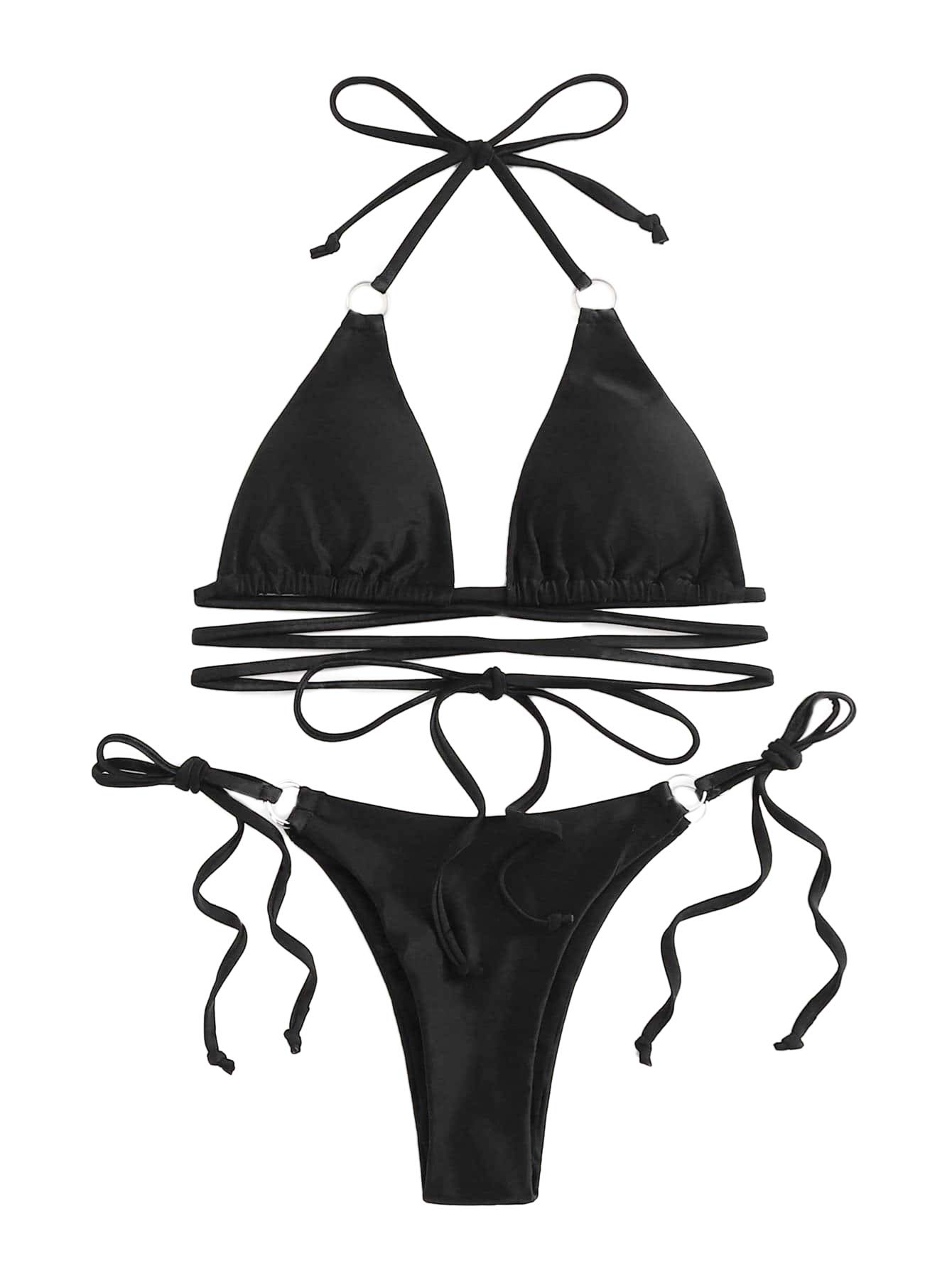 Photo 1 of GORGLITTER Women's 2 Piece Micro Bikini Set Halter Lace Up Swimsuit Bow Tie Side Thong Bathing Suit Black Small