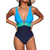 CUPSHE Women One Piece Swimsuit Bathing Suit Cutout V Neck Adjustable Straps Color Block O Ring