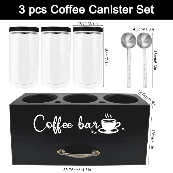 MACIFECI 54 OZ COFFEE CANISTER SET WITH SHELF, COFFEE AND SUGAR CONTAINER SET OF 3 CANISTERS SETS FOR KITCHEN COUNTER, PLASTIC COFFEE BEAN STORAGE CONTAINER WITH SCOOP (BLACK – DRAWER)