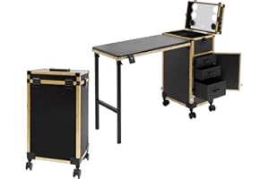 sjcdicnj Portable Rolling Manicure Table for Nail Teach, Foldable Traveling Nail Desk w/Storage, Mobile Nail Table w Adjust Light 3 Drawers Storage, Makeup Train Case Cosmetic Trolley (Gold)