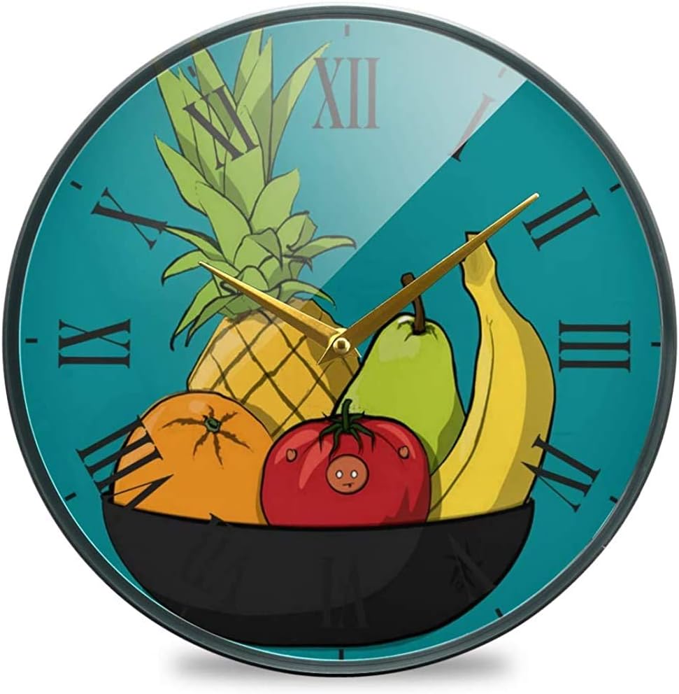 Myrna Kelse Wall Clock Battery Operated Cartoon Bowl of Fruit Clocks Large Silent Non Ticking Decorative Wall Clocks