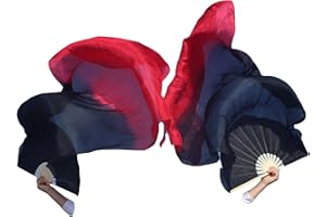 Winged Sirenny Belly Dance Silk Fan Veils Adjustable Pairs, 70"(180 cm) Worship Praise Flags Streamers(black-red)