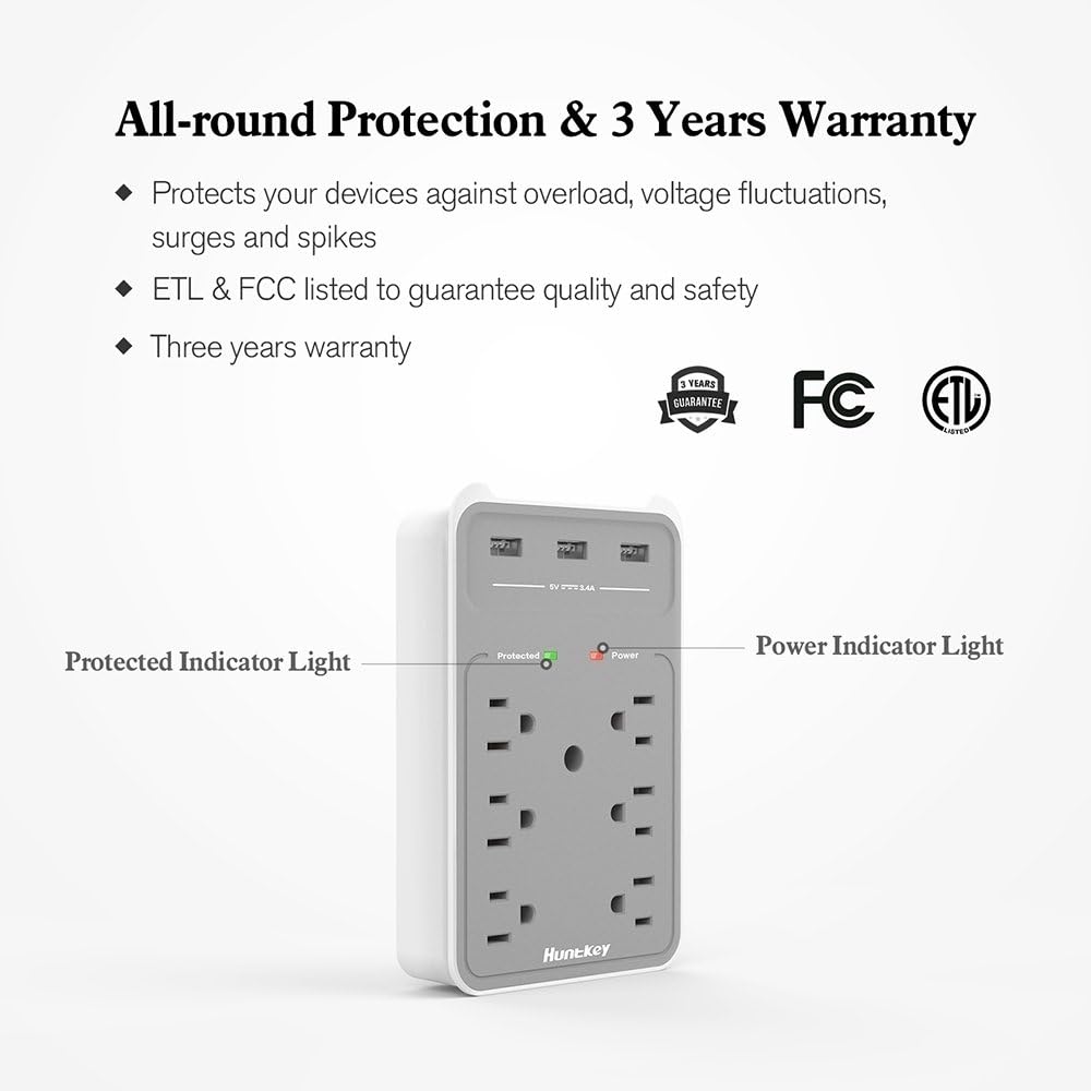 Huntkey 6 AC Outlets Surge Protector with 3 USB Charging Ports 3.4 Amp, SMD607: Home Improvement