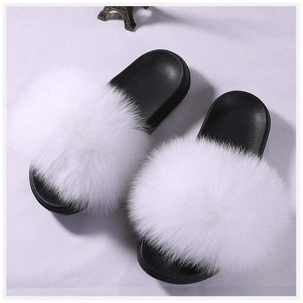 Tinpia Women Furry Slippers Fox Fur Slides Women Slip Home Fox Hair Slippers Fur Slippers
