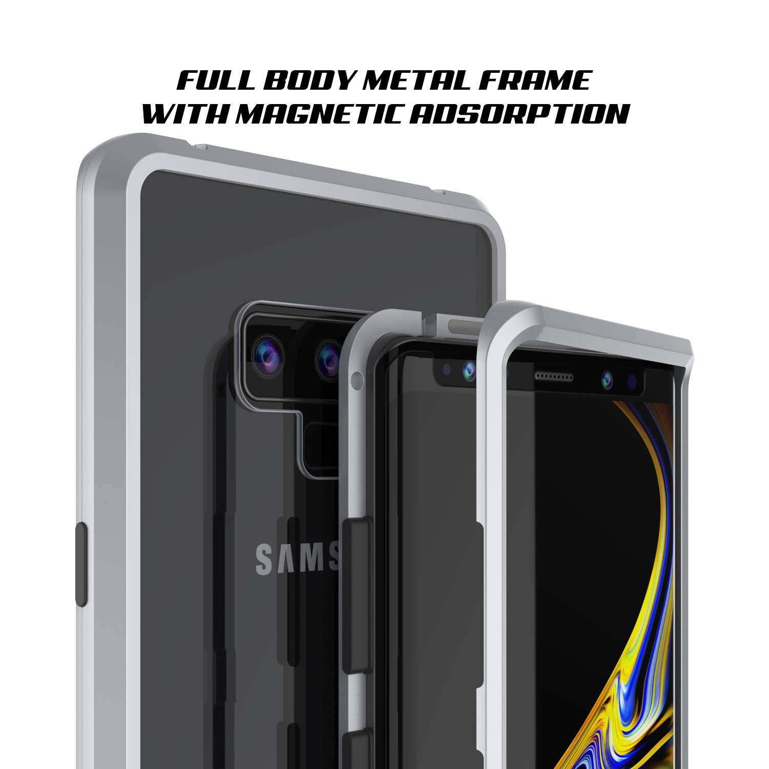 Note 9 Case, Punkcase Magnetic Shield, Protective Metal Frame Cover W/TPU Layer | 9H Tempered Glass Back + Screen Protector | Easy Slip On & Off Design Compatible W/Samsung Galaxy Note 9 (Silver)