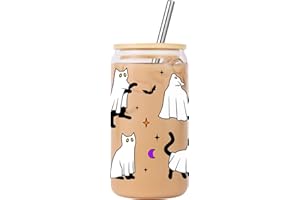 Lovearth Cute Halloween Ghost Cat Iced Coffee Cup, 16oz Halloween Glass Cup with Lid and Straw, Halloween Coffee Tumbler, Boo Basket Stuffers for Women, Men, Teens, Spooky Gifts for Cat Lovers
