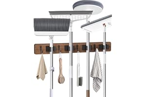 ACEMINING Broom Holder Wall Mounted, 4 Holders and 4 Hooks Mop Holder, Wooden Mop and Broom Holder with Anti slip rubber, Natural pine wood Brush Holder, Mop Wall Holde with Nail installation, Room Storage