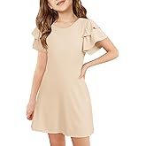 Haloumoning Girls Ruffle Sleeve Dresses Kids Summer Crewneck A Line Casual Dress 5-14 Years