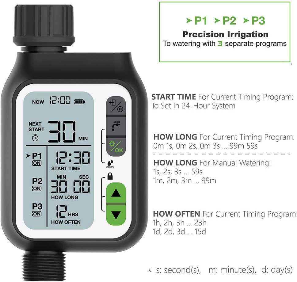 Kacsoo Digital Irrigation Timer, Hose Automatic Watering Timer with Big LCD Irrigation Controller Rain Sensor,3 Separate Irrigation Programs, Faucet Digital Watering Timer for Outdoor Garden Lawn: Home & Kitchen
