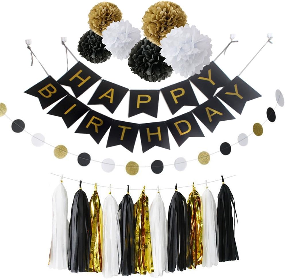 Ipalmay White Gold and Black Birthday Decoration Set, Happy Birthday Banner, Variety of Tissue Pom Poms with Tissue Tassel, Best for Theme Party Decor