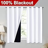 NICETOWN White 100% Blackout Lined Curtains, 2 Thick Layers Completely Blackout Window Treatment Thermal Insulated Drapes for Kitchen/Bedroom (1 Pair, 52" Width x 63" Length Each Panel)