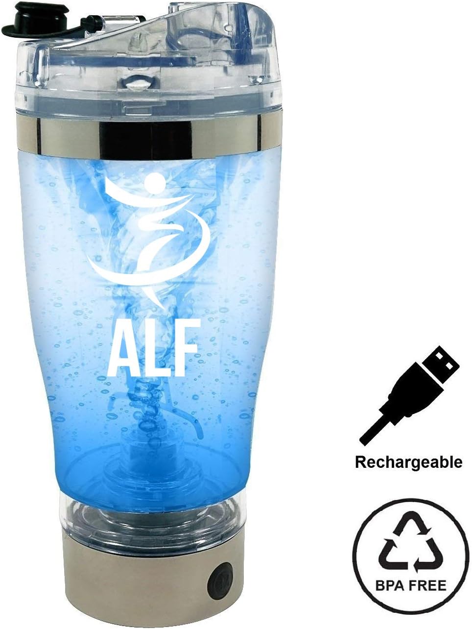 ALF Vortex Mixer - personal protein powder shaker / blender bottle - powerful battery operated 16,000 RPM electric motor. USB Rechargeable. 100% leak proof & highly portable. No More Lumps.