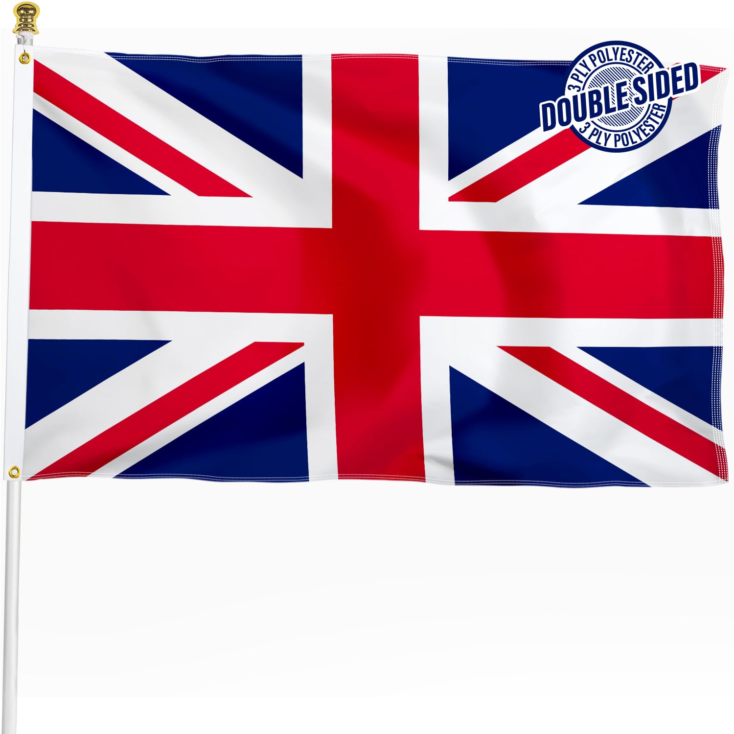 Photo 1 of British Union Jack Flag 3x5 ft Outdoor, Double Sided 3 Ply Heavy Duty National Flag for UK, 100% Quality Polyester England United Kingdom Banner with Brass Grommets 4 Rows Stitches