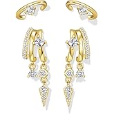 Hefanny Triple Huggie Stacked Earrings for Women Gold Chain Drop Dangle Earrings Cute Statement CZ Earrings Trendy Dainty Jewelry Gift