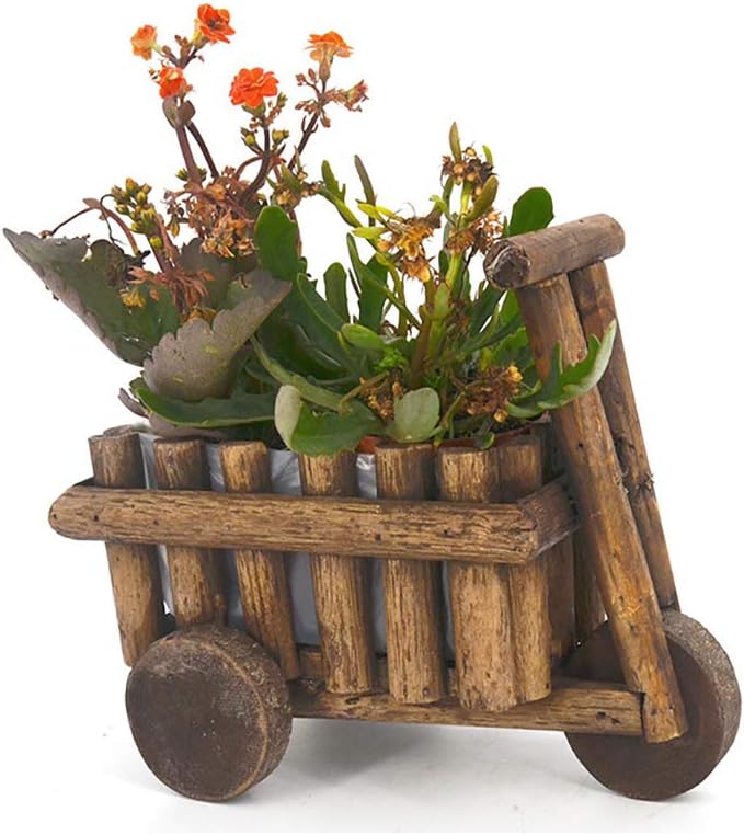 Wooden Succulent Planter Cute Potted Plant Holder Desktop Flower Pot Creative Office Decor Mini Wheel Barrow Planter for Indoor Windowsill Countertop