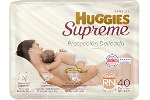 Pañal Huggies Supreme, unisex con 40 pzs, etapa Recién Nacido, para bebés de hasta 3.5 kg. Único clinica y dermatologicamente probado