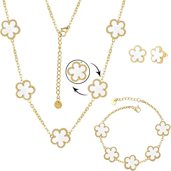 14k White Gold Shamrock Necklace & Earring Set – Three-Leaf Clover Irish Symbol, Handcrafted In USA