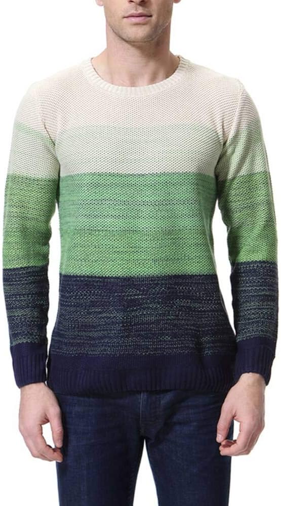 LongPing Men's Casual Color Block Pullover Cotton Crewneck Sweaters Assorted Striped Knitwear