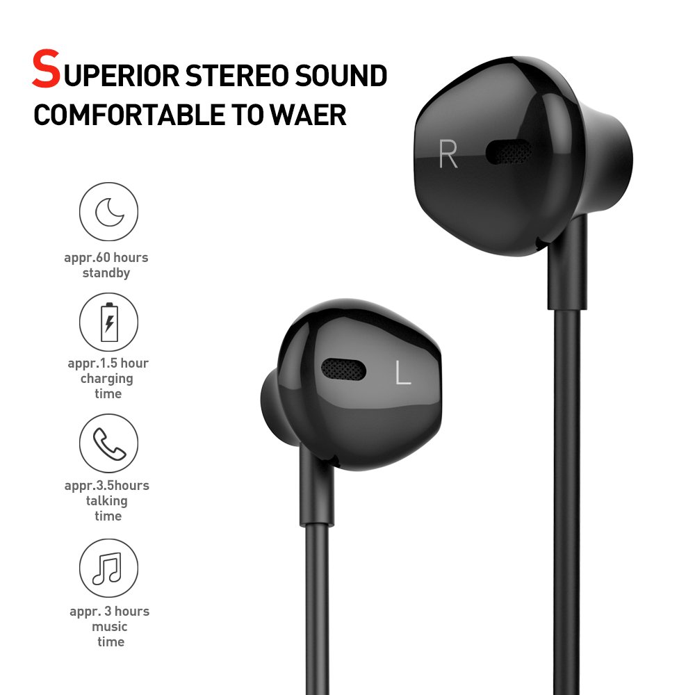 Bluetooth Headphones, Wireless Earphones HD Stereo Noise Canceling Earbuds Sweatproof Headset with Mic(Black)