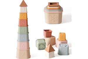 YIVEKO Baby Stacking Cups Toy, Silicone Stacking Tower Educational Baby Toys 6M+, Soft Teething Building Blocks 8 Pcs, BPA Free Sensory Infant Toy, Bath & Beach Toys, Vintage Neutral Colors-Gentle
