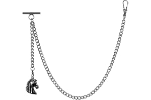 ZTA Albert Chain Black Color Pocket Watch Chain Fob Chain with Horse Head Design Pendant Medal Fob with T Bar Swivel Clasp