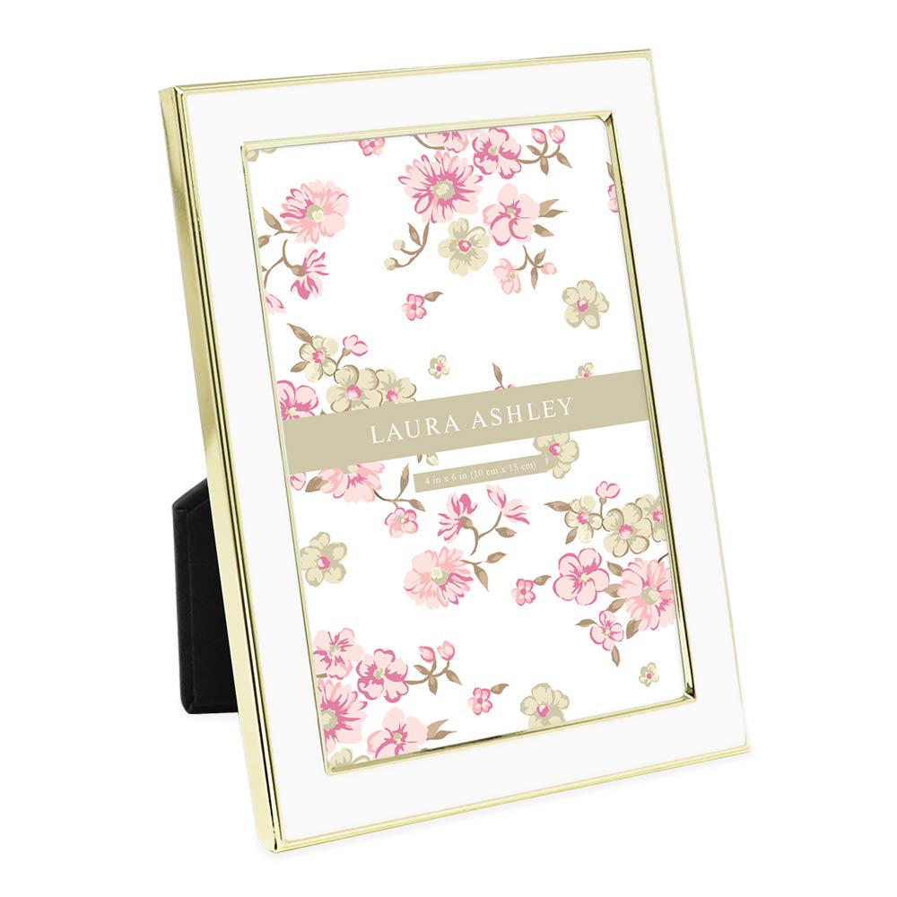 Laura Ashley 4x6 White Enamel Picture Frame, Gold Metal Edge with Easel, for Countertop, Counterspace, Tabletop Display, Bookshelf, Desk, Wall Décor, Photo Gallery