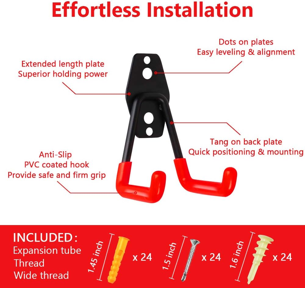 Garage Hooks, 12 Pack Heavy Duty Garage Storage Hooks Steel Tool Hangers for Garage Wall Mount Utility Hooks and Hangers with Anti-Slip Coating for Garden Tools Organizer, Ladders, Bikes, Bulky Items - - 
