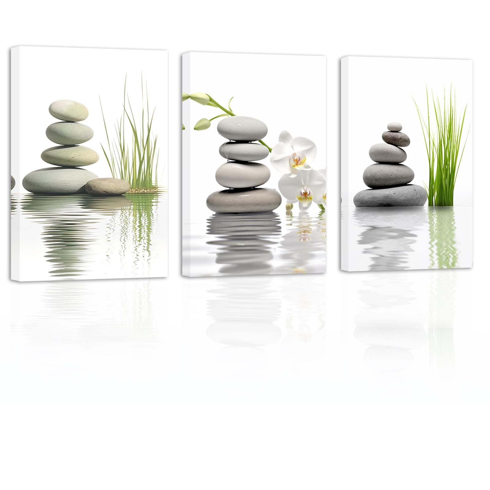 ZXHYWYM Bathroom Wall Art 3 Pieces Zen Stones White Orchid on Water Canvas Prints Spiritual Relaxing Picture for Office Yoga Spa Meditation Room Framed(3, (11.00" x 14.00" x 3PCS))