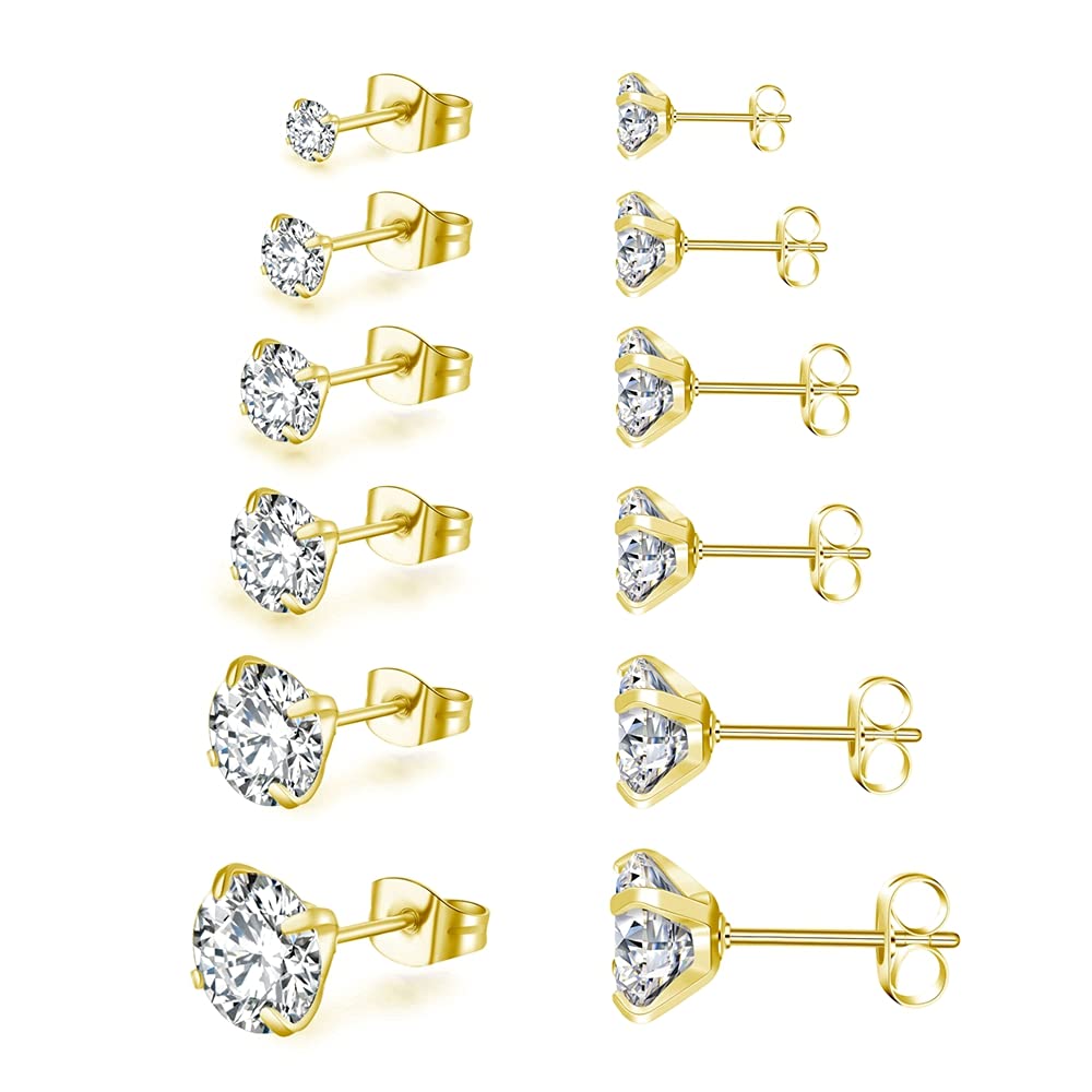 6 Pairs Stud Earrings Set,Hypoallergenic Cubic Zirconia 316L Stainless Steel CZ 3-8mm Earrings for Men,Women,Boys & Girls (Gold) โ image 1
