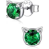 ChicSilver Cute Cat Earrings for Women - Hypoallergenic Sterling Silver Round Birthstone Cat Stud Earrings with Gift Box