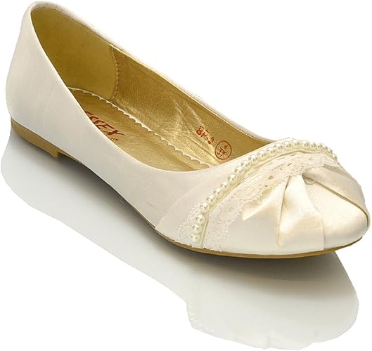 Essex Glam Womens Bridal Shoes Pearl Lace Satin Ladies Flat Ballet