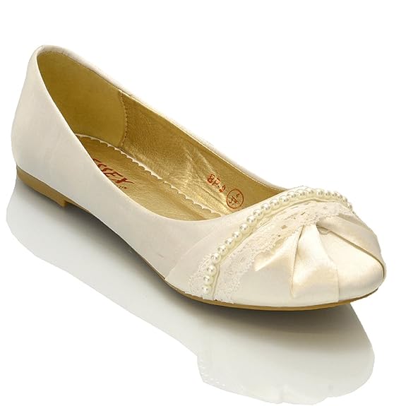 ESSEX GLAM Damen Brautschuhe Flach Satin Mit Perlen Hochzeit Brautjungfer Pumps