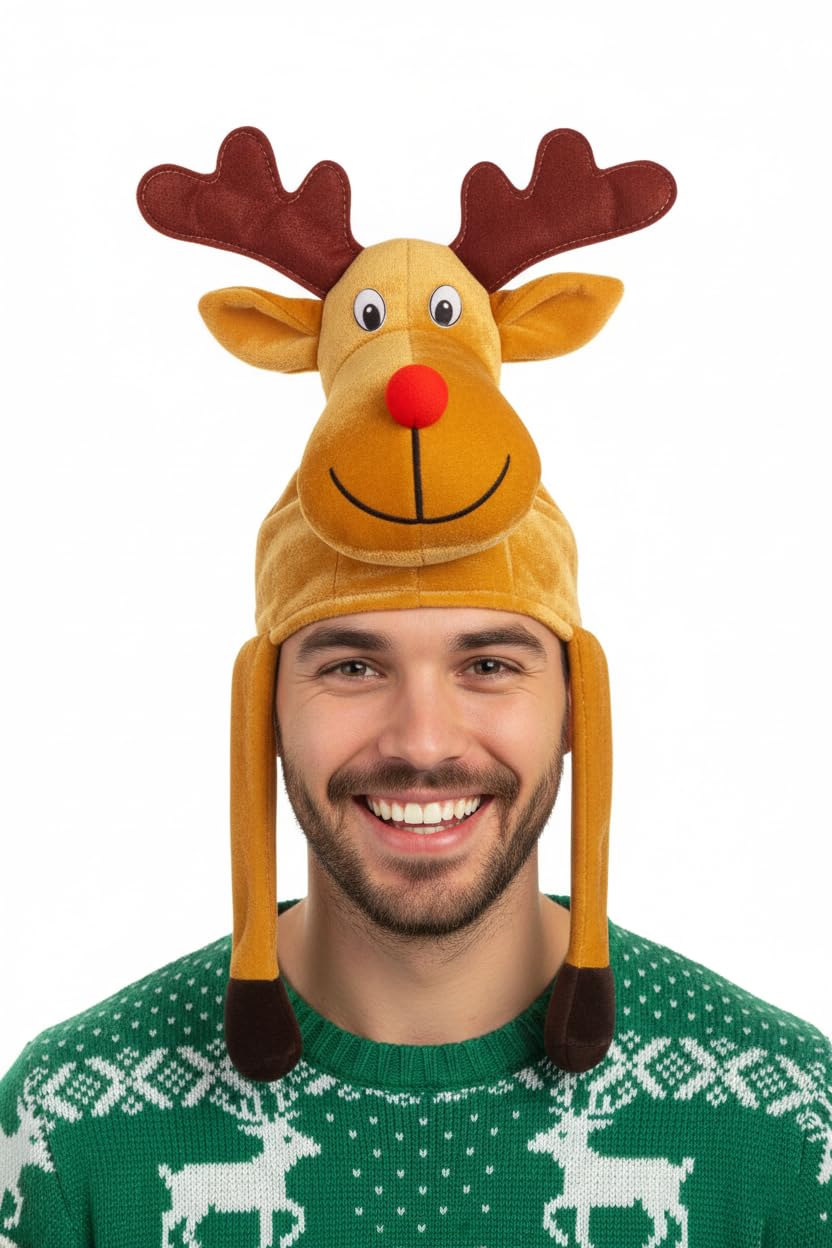 FASHION I LOVE Adult Red-Nosed Reindeer Christmas Hat with Dangling Legs Funny Hats Plush Novelty Secret Santa Gifts Joke Party Headwear Fancy Dress Costume Accessory for Men and Women (Reindeer Hat)