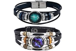 HEWILL 2Pcs Multilayer Constellation Zodiac Leather Bracelet Handmade Woven Zodiac Sign Wrap Bracelet Wristband for Women Men Jewelry Birthday Gift