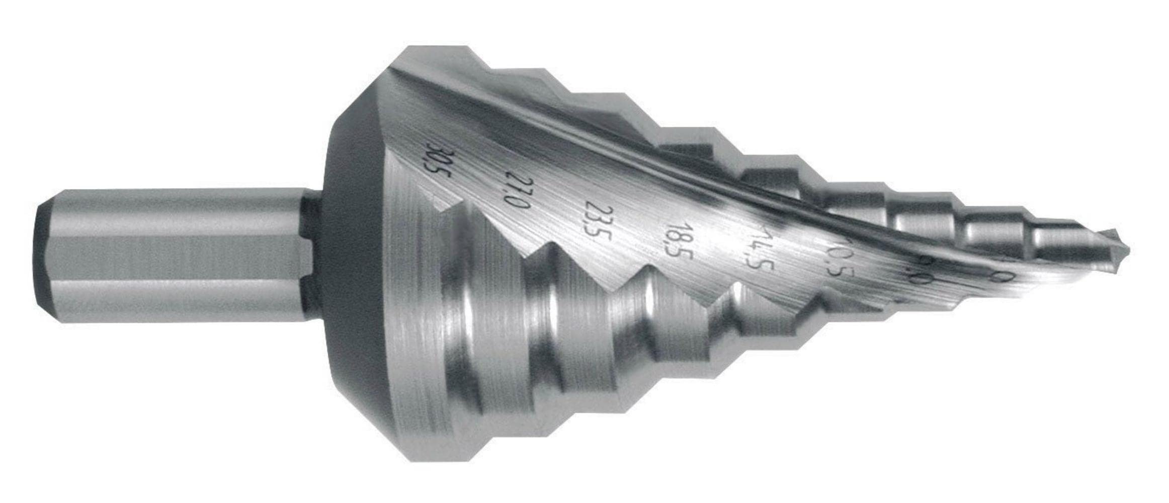 RUKO HSS Spiral Fluted Step Drill Bit with Split Point for Metric Cable Connections, Bright Finish, 5.3-30.5 mm Diameter, Size 14, 79.0 mm Length, R101093