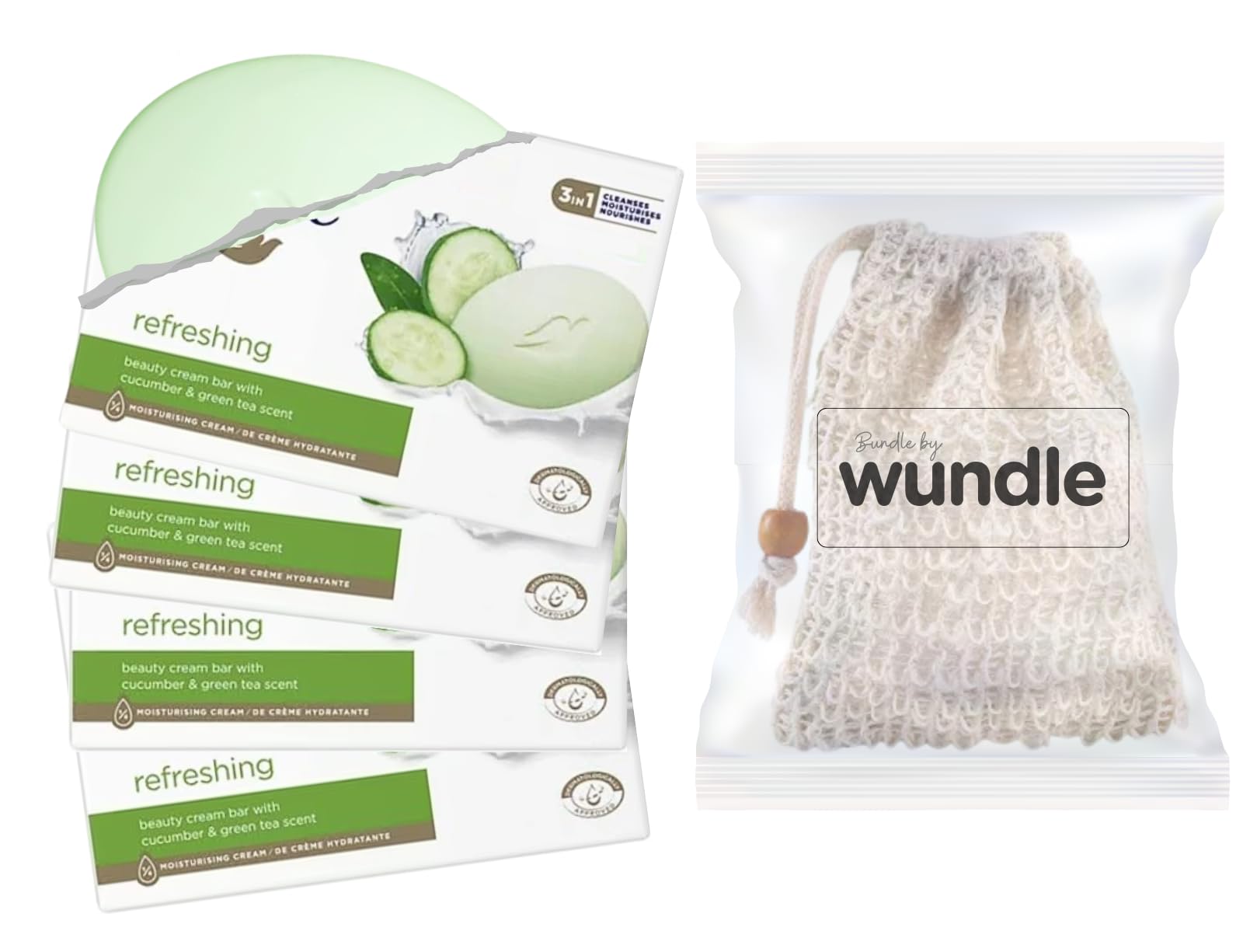 Wundle Bundle Soap Saver Exfoliating Pouch with 4 x Refreshing Soap Bars (Cucumber & Green Tea)