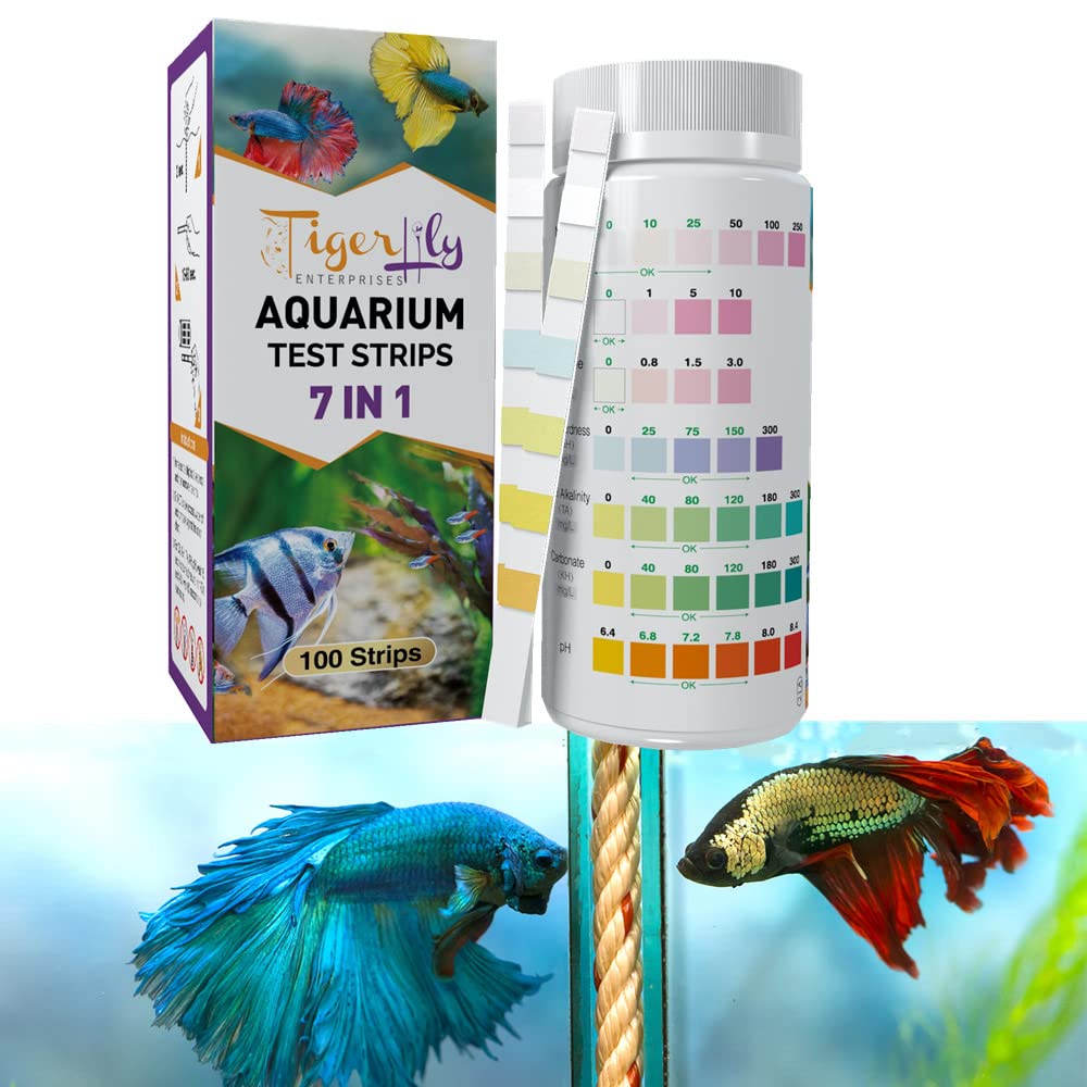 Tigerlily Enterprises 7-in-1 Aquarium Test Strips – 100 Count Water Testing Kit for Freshwater & Saltwater Fish Tanks – Detects pH, GH, KH, NO2, NO3, CL2 – Quick & Accurate Results