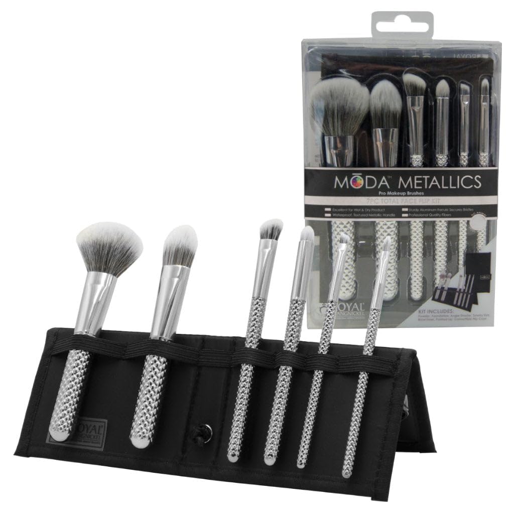 MODA Royal & Langnickel Travel Size Metallics Total Face Makeup Brush Set with Pouch, Includes - Powder, Foundation, Angle Shader, Smoky Eye, Brow Liner and Pointed Lip Brushes, Silver