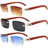 Dollger Rimless Rectangle Sunglasses for Men Women Hip-hop Wood Small Square Sunglasses Frameless 70s 90s Shades