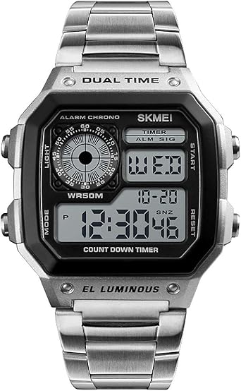 SKMEI Reloj digital para hombre, color negro, plateado, oro o oro rosa, transparente, pantalla grande, correa de acero inoxidable, fecha, alarma, ...