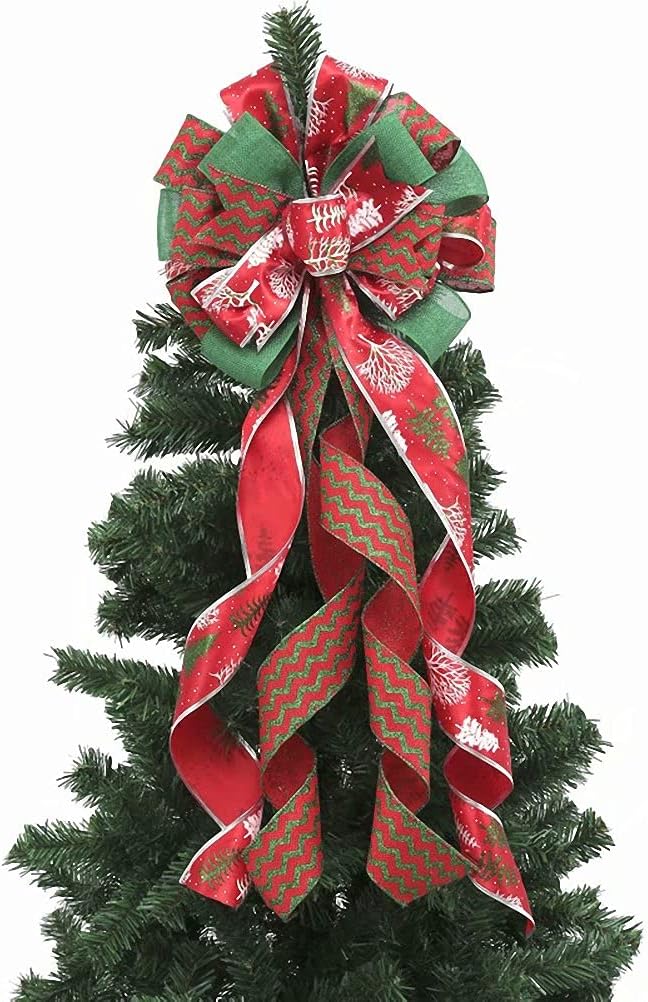 Bows & Ribbons - Christmas Tree Topper Decorative Bow Gift Bow Farmhouse Wreath Bows Christmas Bows for Christmas Tree Ornaments Xmas Holiday Party Decorations, 34 x 12 Inch
